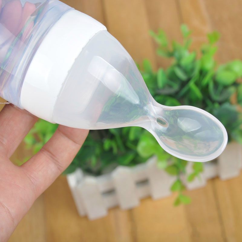 90ml Silicone Baby Feeding Bottle With Spoon Food Supplement Rice Cereal Bottle Baby Squeeze Spoon Silica Gel Spoon M--35