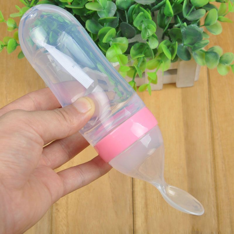 90ml Silicone Baby Feeding Bottle With Spoon Food Supplement Rice Cereal Bottle Baby Squeeze Spoon Silica Gel Spoon M--35