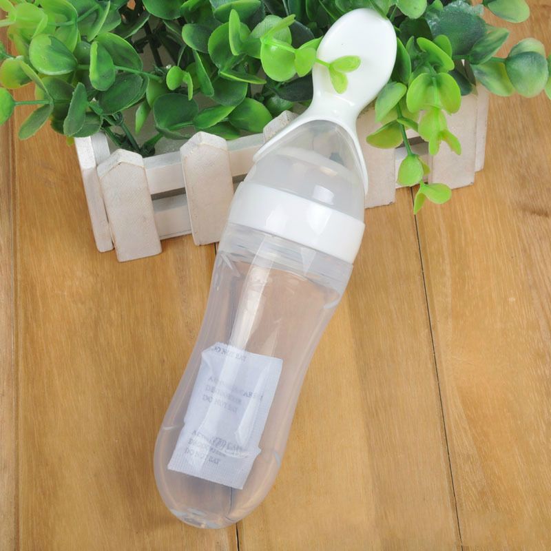 90ml Silicone Baby Feeding Bottle With Spoon Food Supplement Rice Cereal Bottle Baby Squeeze Spoon Silica Gel Spoon M--35