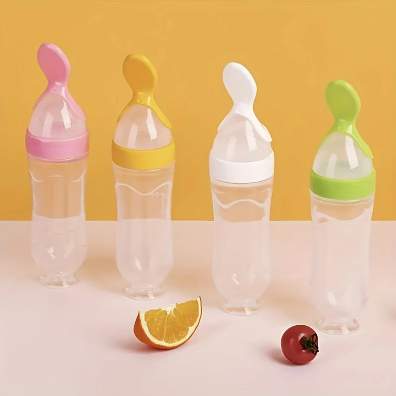 90ml Silicone Baby Feeding Bottle With Spoon Food Supplement Rice Cereal Bottle Baby Squeeze Spoon Silica Gel Spoon M--35
