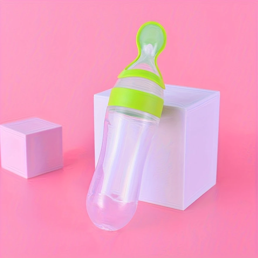 90ml Silicone Baby Feeding Bottle With Spoon Food Supplement Rice Cereal Bottle Baby Squeeze Spoon Silica Gel Spoon M--35
