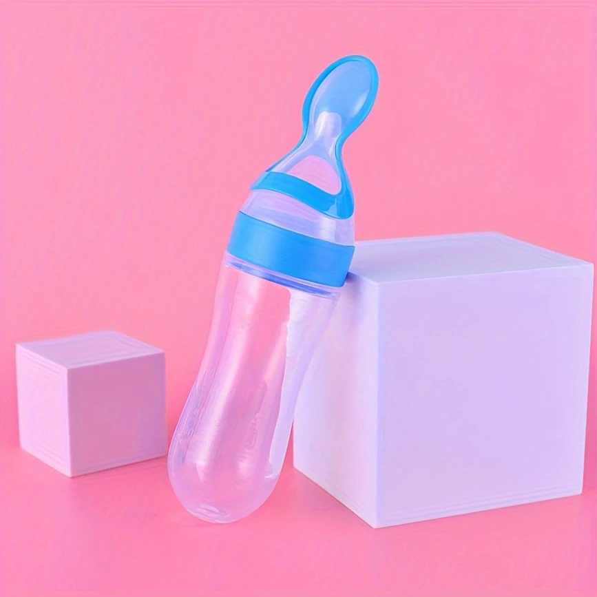 90ml Silicone Baby Feeding Bottle With Spoon Food Supplement Rice Cereal Bottle Baby Squeeze Spoon Silica Gel Spoon M--35