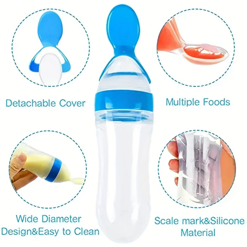 90ml Silicone Baby Feeding Bottle With Spoon Food Supplement Rice Cereal Bottle Baby Squeeze Spoon Silica Gel Spoon M--35