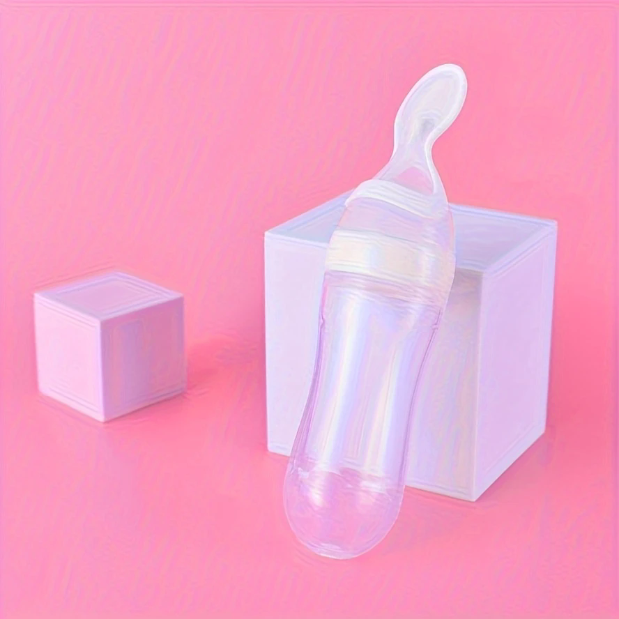 90ml Silicone Baby Feeding Bottle With Spoon Food Supplement Rice Cereal Bottle Baby Squeeze Spoon Silica Gel Spoon M--35