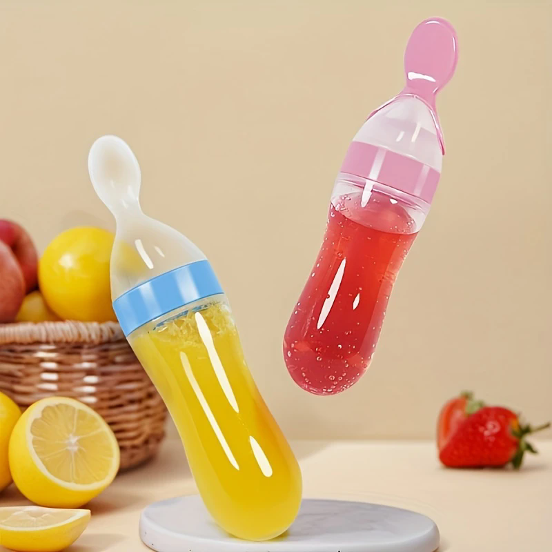 90ml Silicone Baby Feeding Bottle With Spoon Food Supplement Rice Cereal Bottle Baby Squeeze Spoon Silica Gel Spoon M--35