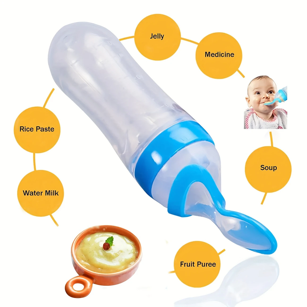 90ml Silicone Baby Feeding Bottle With Spoon Food Supplement Rice Cereal Bottle Baby Squeeze Spoon Silica Gel Spoon M--35