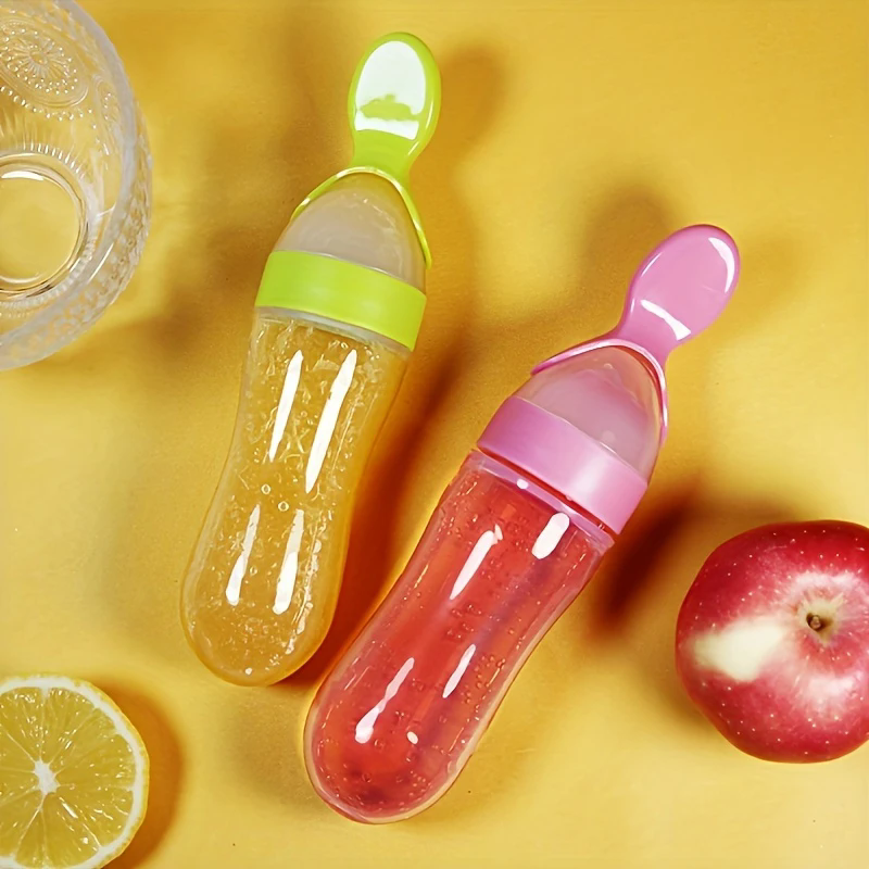 90ml Silicone Baby Feeding Bottle With Spoon Food Supplement Rice Cereal Bottle Baby Squeeze Spoon Silica Gel Spoon M--35