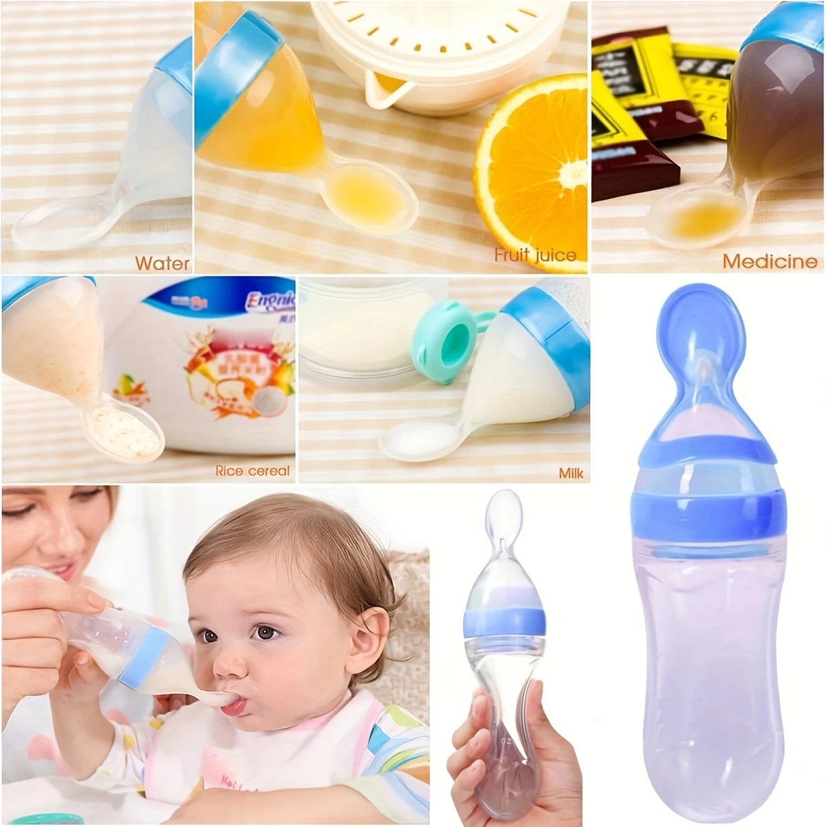 90ml Silicone Baby Feeding Bottle With Spoon Food Supplement Rice Cereal Bottle Baby Squeeze Spoon Silica Gel Spoon M--35