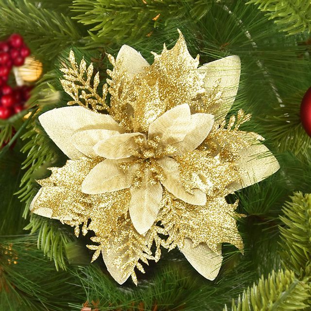 10pcs 14cm Glitter Artificial Christmas Flowers Xmas Tree Ornaments Merry Christmas Decorations For Home New Year Gift Navidad E-701