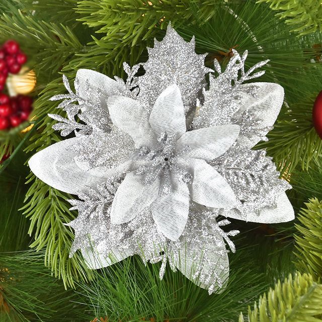 10pcs 14cm Glitter Artificial Christmas Flowers Xmas Tree Ornaments Merry Christmas Decorations For Home New Year Gift Navidad E-701