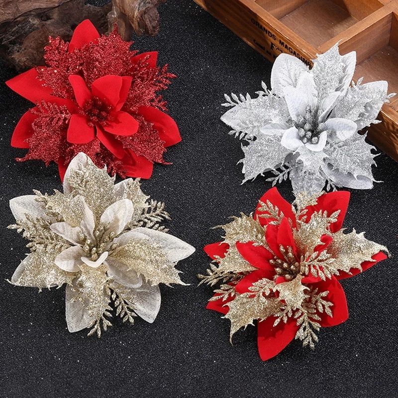 10pcs 14cm Glitter Artificial Christmas Flowers Xmas Tree Ornaments Merry Christmas Decorations For Home New Year Gift Navidad E-701
