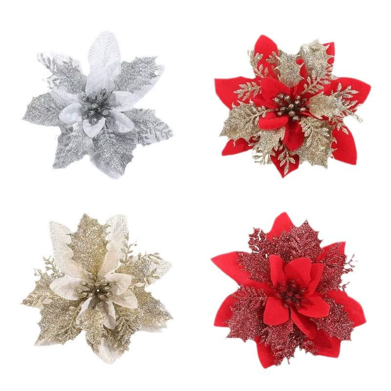 10pcs 14cm Glitter Artificial Christmas Flowers Xmas Tree Ornaments Merry Christmas Decorations For Home New Year Gift Navidad E-701