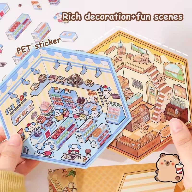 1Pcs  Creative 3D Simulation Cabin Stickers Cute Cartoon Handmade DIY Landscaping Stickers Scene Stacking Pasting Stickers