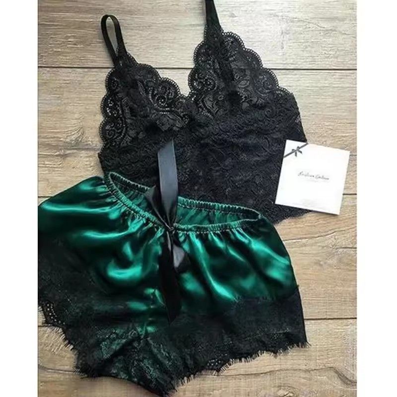 Summer Female Lace Thin Pajama Sets Spaghetti Strap Top Shorts Sexy Lingerie Silk Satin Nightwear Home Wear Women Sleep Cloth FZ-118