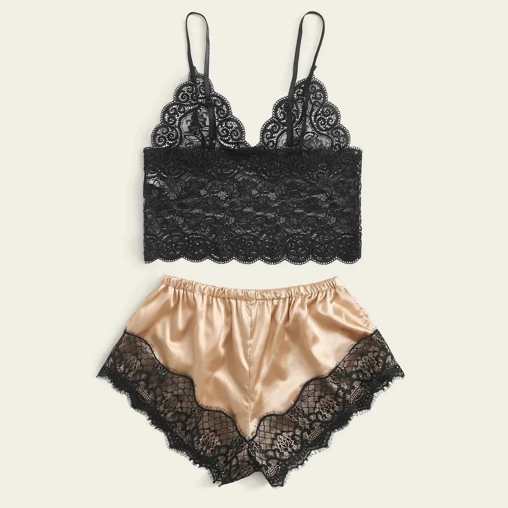 Summer Female Lace Thin Pajama Sets Spaghetti Strap Top Shorts Sexy Lingerie Silk Satin Nightwear Home Wear Women Sleep Cloth FZ-118