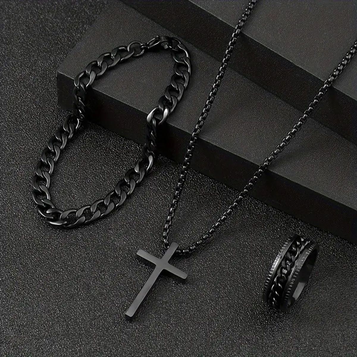 Men's fashion versatile stainless steel jewelry set, black cross pendant necklace bracelet and Roman numeral chain swivel ringA-2030