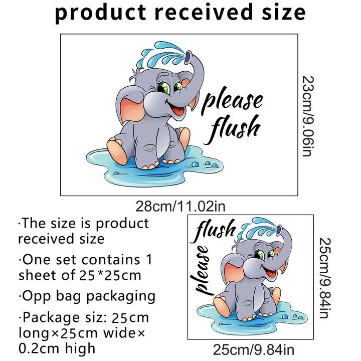 Cartoon cute little elephant English please rinse toilet stickers bathroom decoration self-adhesive detachable wall stickers