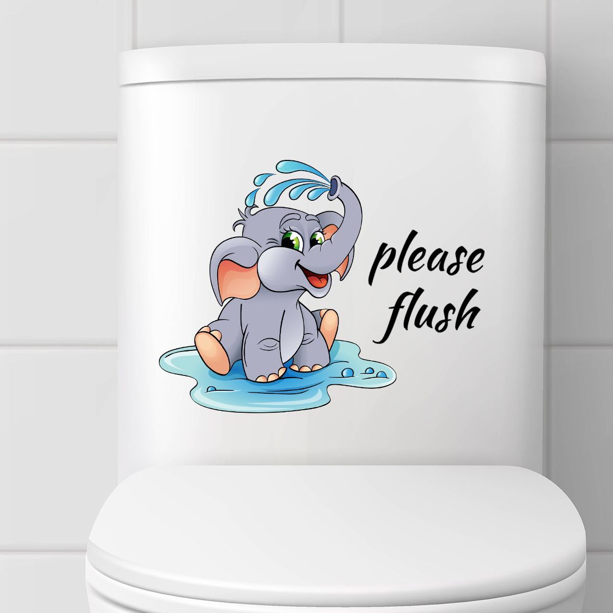 Cartoon cute little elephant English please rinse toilet stickers bathroom decoration self-adhesive detachable wall stickers