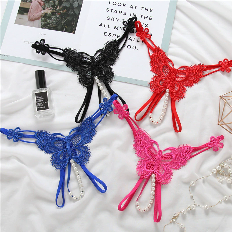 1PC Pearl Sexy Girls G String Open Crotch Lace Panties Women Briefs Hollow Out Transparent Thong Thin Underwear Female Ling FZ-489