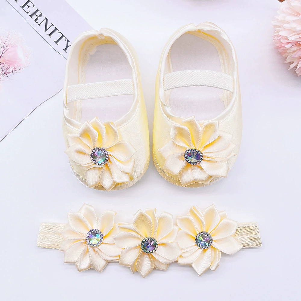 Newborn Baby Shoes Baptism White Bowknot Baby Girl Lace Shoes Headband Set Toddler Prewalker Cute Baby Soft Shoes for 0-18M Kids