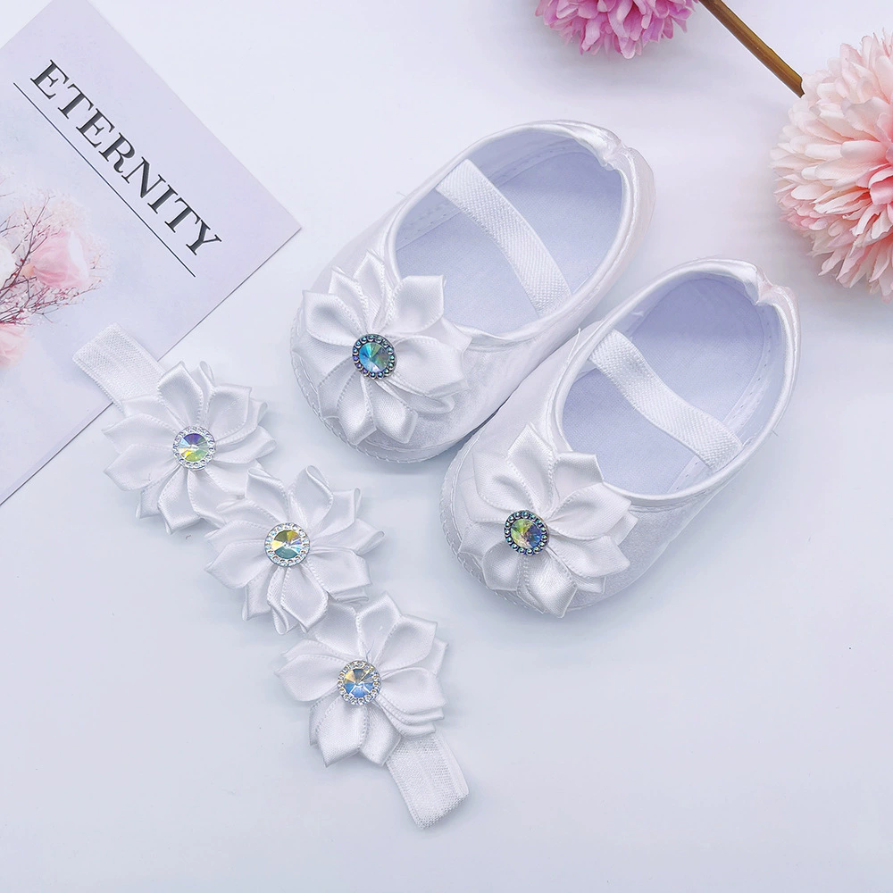 Newborn Baby Shoes Baptism White Bowknot Baby Girl Lace Shoes Headband Set Toddler Prewalker Cute Baby Soft Shoes for 0-18M Kids
