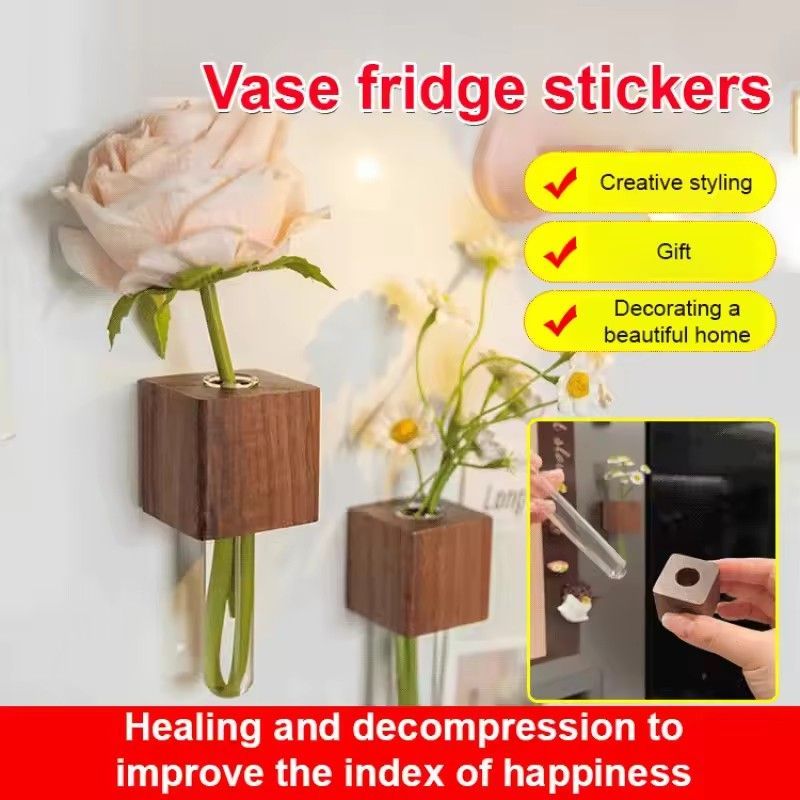 1PC Creative Magnetic Wooden Vase Fridge Magnet Refrigerator Sticker Creative Floral Decoration Middle Ancient Style Home Decor C-673
