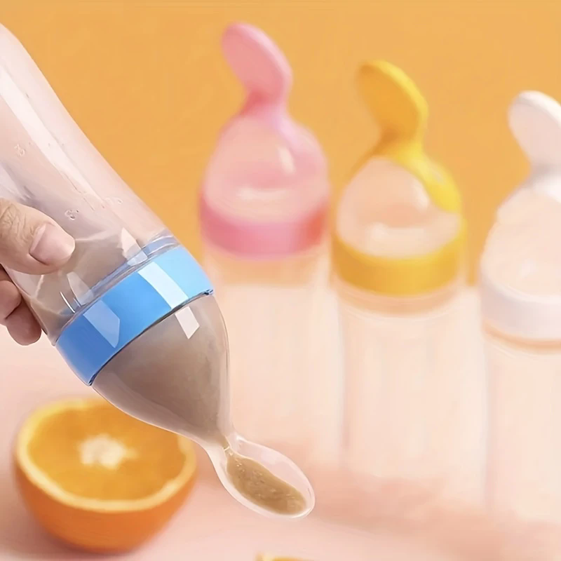 90ml Silicone Baby Feeding Bottle With Spoon Food Supplement Rice Cereal Bottle Baby Squeeze Spoon Silica Gel Spoon M--35