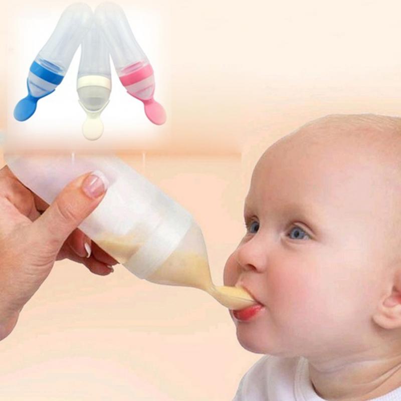 90ml Silicone Baby Feeding Bottle With Spoon Food Supplement Rice Cereal Bottle Baby Squeeze Spoon Silica Gel Spoon M--35