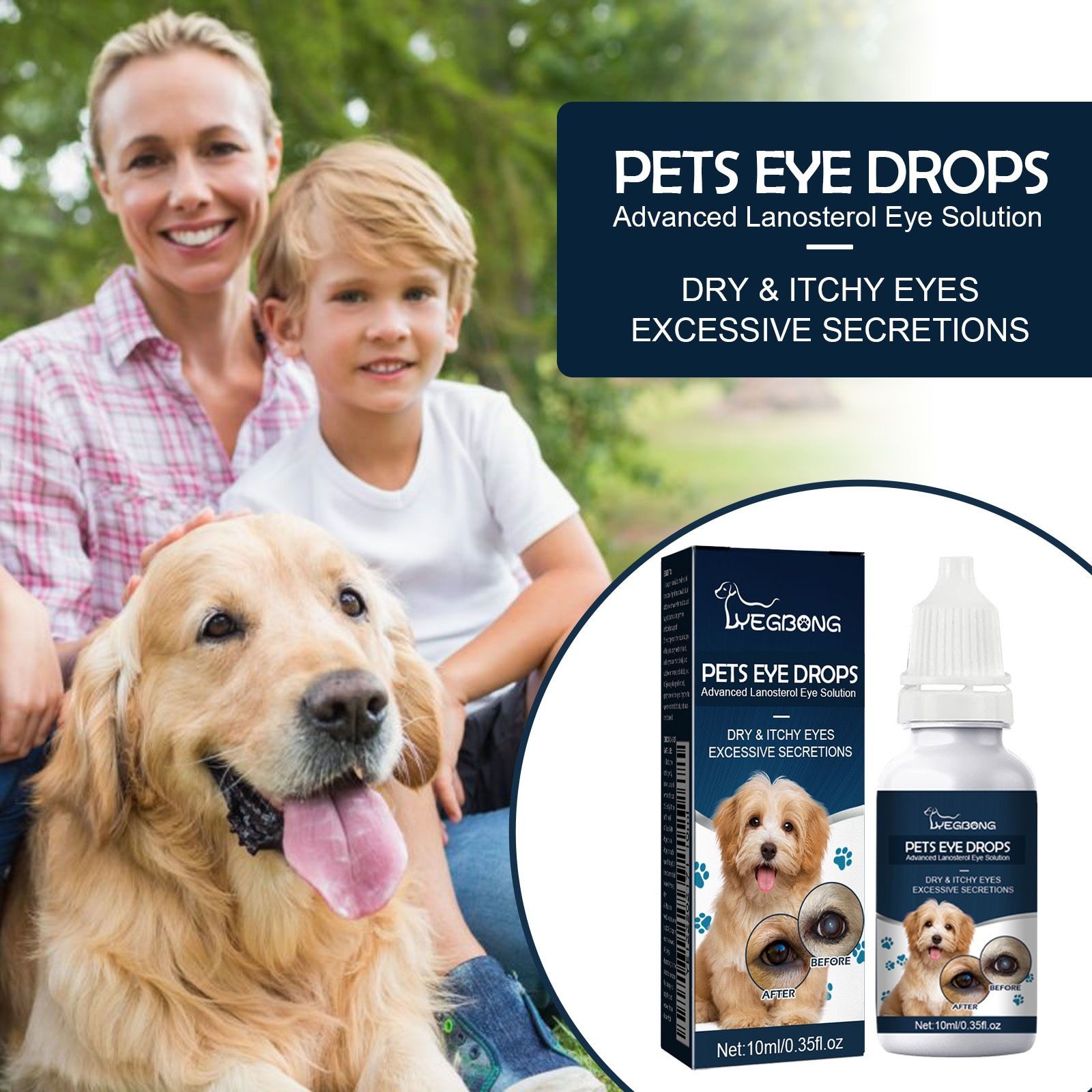 Cat and dog tear removal, relief of eye itching, gentle cleaning, clear face, eye drops