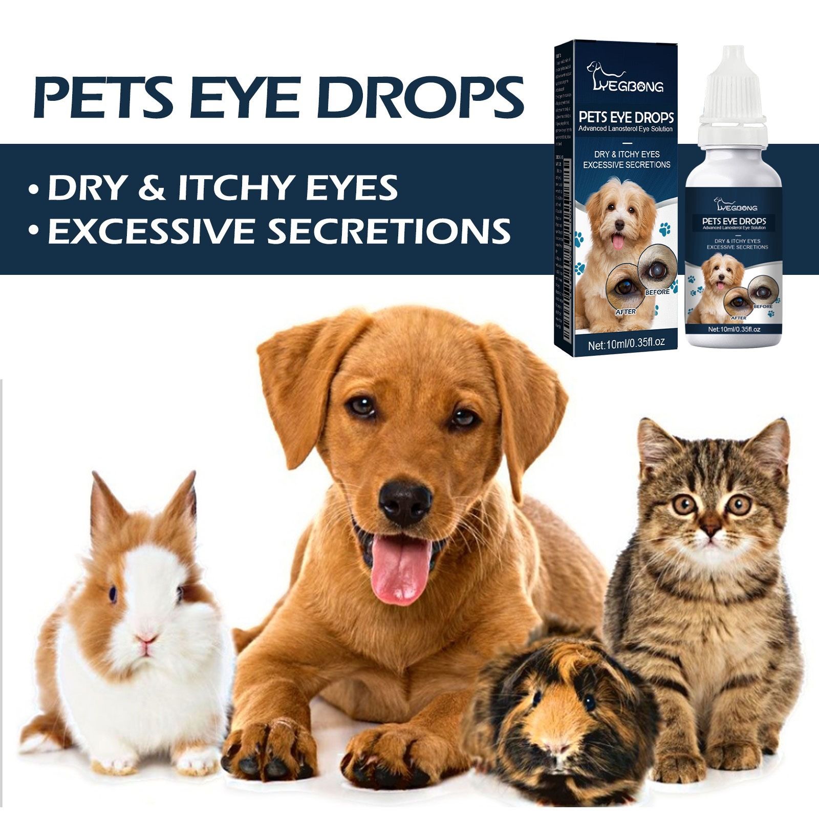 Cat and dog tear removal, relief of eye itching, gentle cleaning, clear face, eye drops