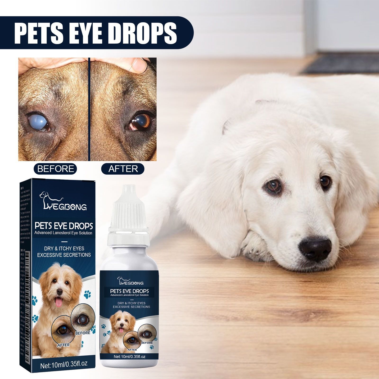 Cat and dog tear removal, relief of eye itching, gentle cleaning, clear face, eye drops