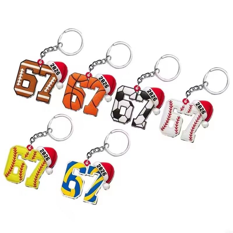 6Pcs Acrylic Keychain Ornaments Sports Design Number 67 2026 Football Basketball Soccer Pendant for Key Ring Bag Decoration