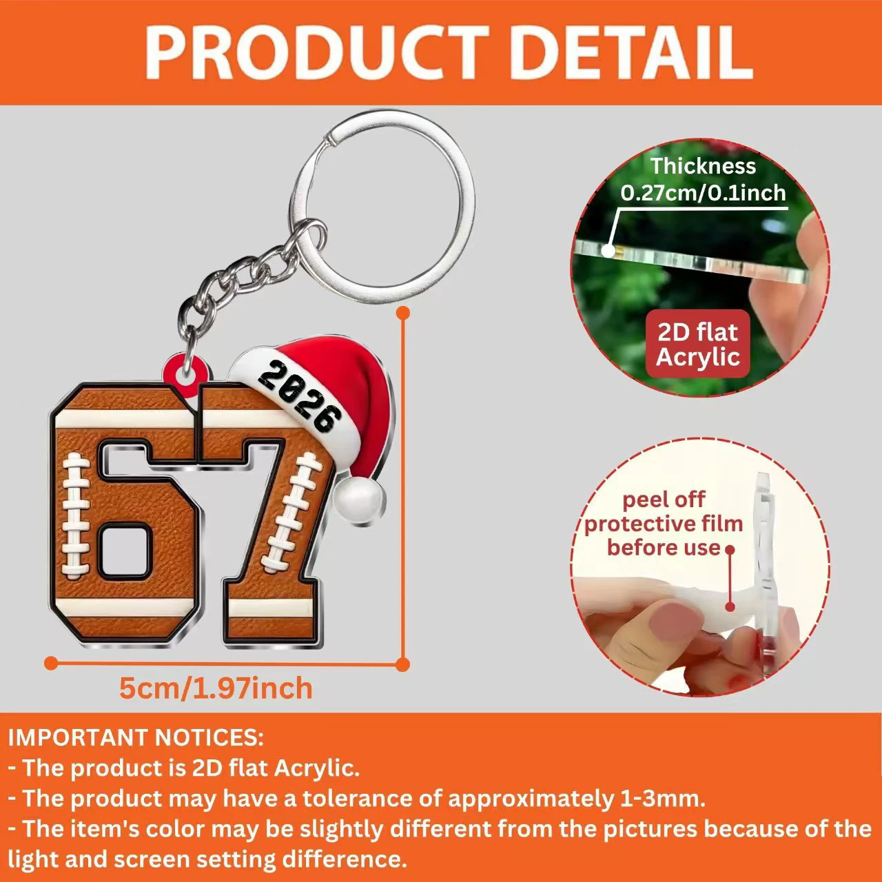 6Pcs Acrylic Keychain Ornaments Sports Design Number 67 2026 Football Basketball Soccer Pendant for Key Ring Bag Decoration