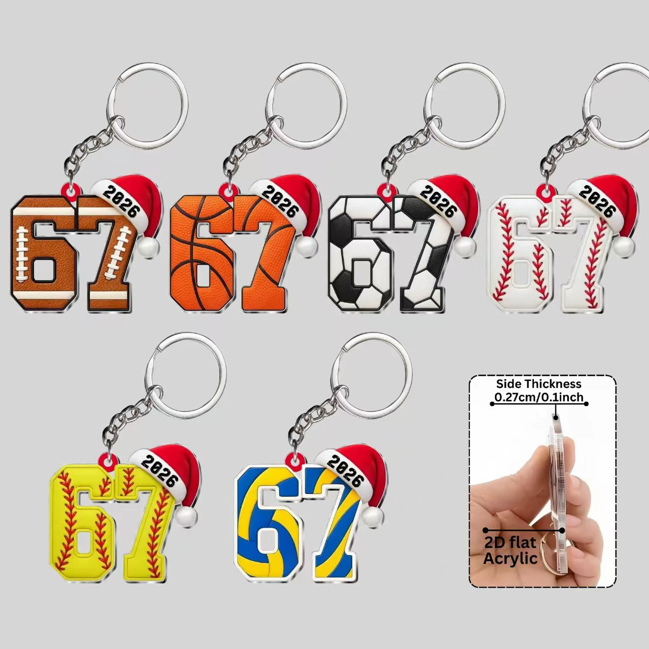 6Pcs Acrylic Keychain Ornaments Sports Design Number 67 2026 Football Basketball Soccer Pendant for Key Ring Bag Decoration