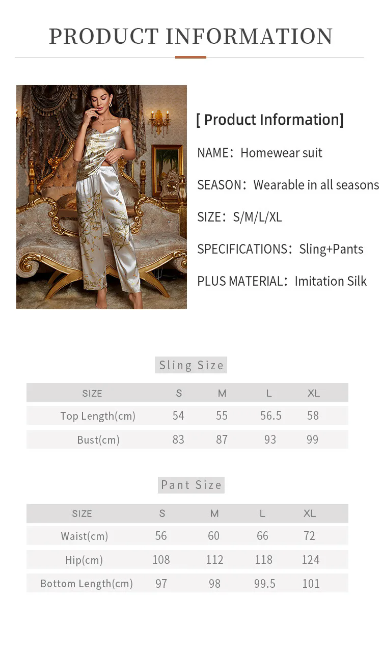 Women Pajamas Sexy Print Cherry Suspender Pijamas Suit Sleepwear Spring Summer Silk Rayon Home Clothes Sling Pants Two Piece Set