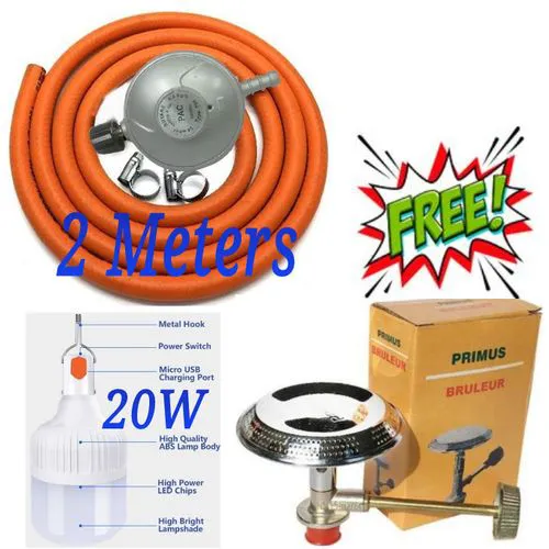 Gas Regulator 13KG + Hose Gas Pipe 2M & Safety Clips + Gas Burner , Rechargeable Bulb🎇major being the connection of gas between the gas cylinder and the cooking burner..the hose pipe comp