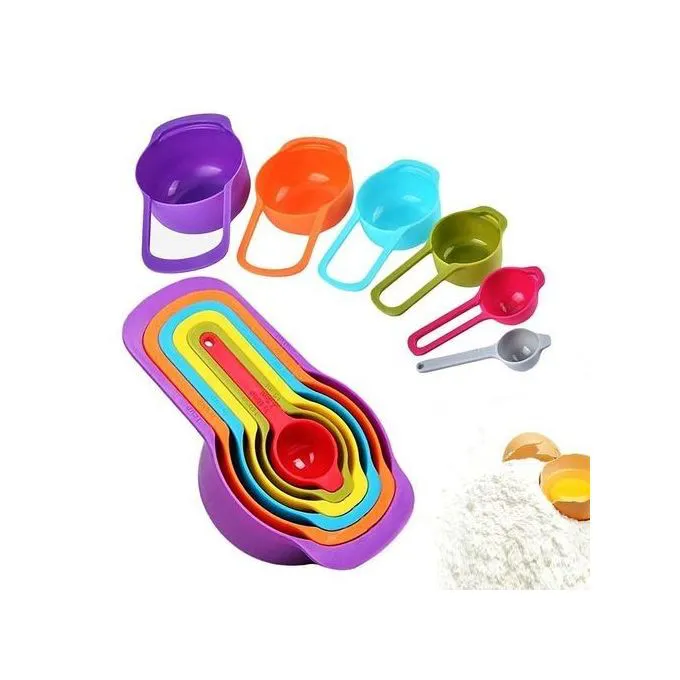 6pcs Measuring Cup and Spoon Set- Stackable Colorful Multicolor Plastic for Kitchen Baking tools (random colors)