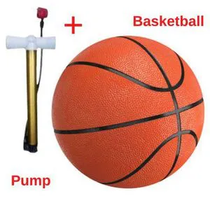 basketball and a hand pump sold as a set. The set includes a standard official size 7 basketball and an inflation pump. The ball features a durable rubber cover material and nylon winding with wide c