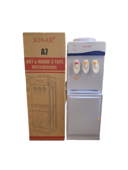 Sonar A7 Standing Water Dispenser – 3 Taps Hot, Normal & Cold, Powerful cooling and heating system for quick temperature control, Freestanding design suitable for homes and offices.
