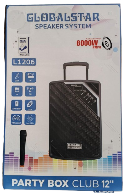 Globalstar 12″ Portable Club Trolley Speaker – Powerful & Mobile Sound, Built‑in trolley design with extendable handle and wheels for easy mobility,Bluetooth and multimedia connectivity for versatile.