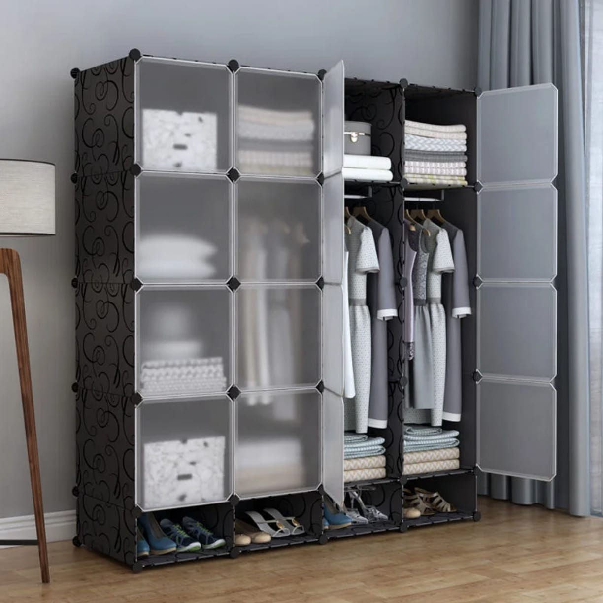 LARGE PALSTIC WARDROBE. Portable 4‑Column Plastic Wardrobe – Lightweight Modular Storage Cabinet, Made from durable, high-quality plastic, Lightweight and portable for easy relocation.