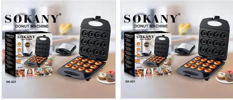 DOUGHNUTS MAKER. Sokany SK-821 Donut Maker – 12-Slot Nonstick Appliance,  Nonstick cooking plates for easy release and cleaning, Compact and lightweight design for home use.