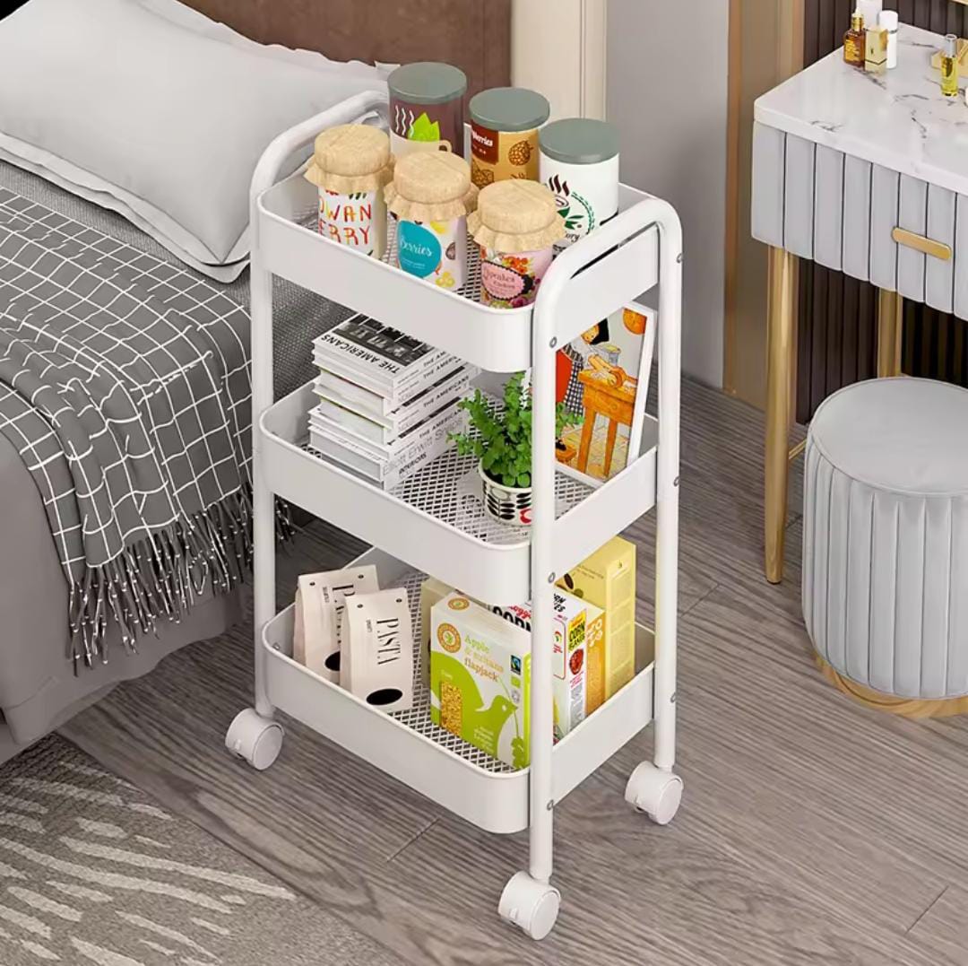 BACK IN STOCK!! Bedside Trolley | 3-Tier Multifunctional Movable & Foldable Storage Trolley Rack – Space Saving Organizer Cart