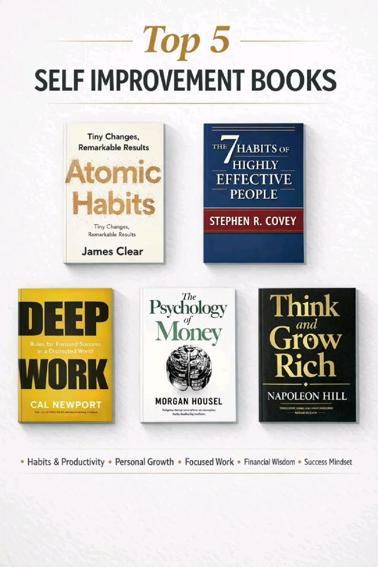 1. Atomic Habits by James Clear 2. The 7 Habits of Highly Effective People by Stephen Covey 3. Deep Work by Cal Newport 4. Psychology of Money by Morgan Housel 5. Think and Grow Rich by Napoleon Hill