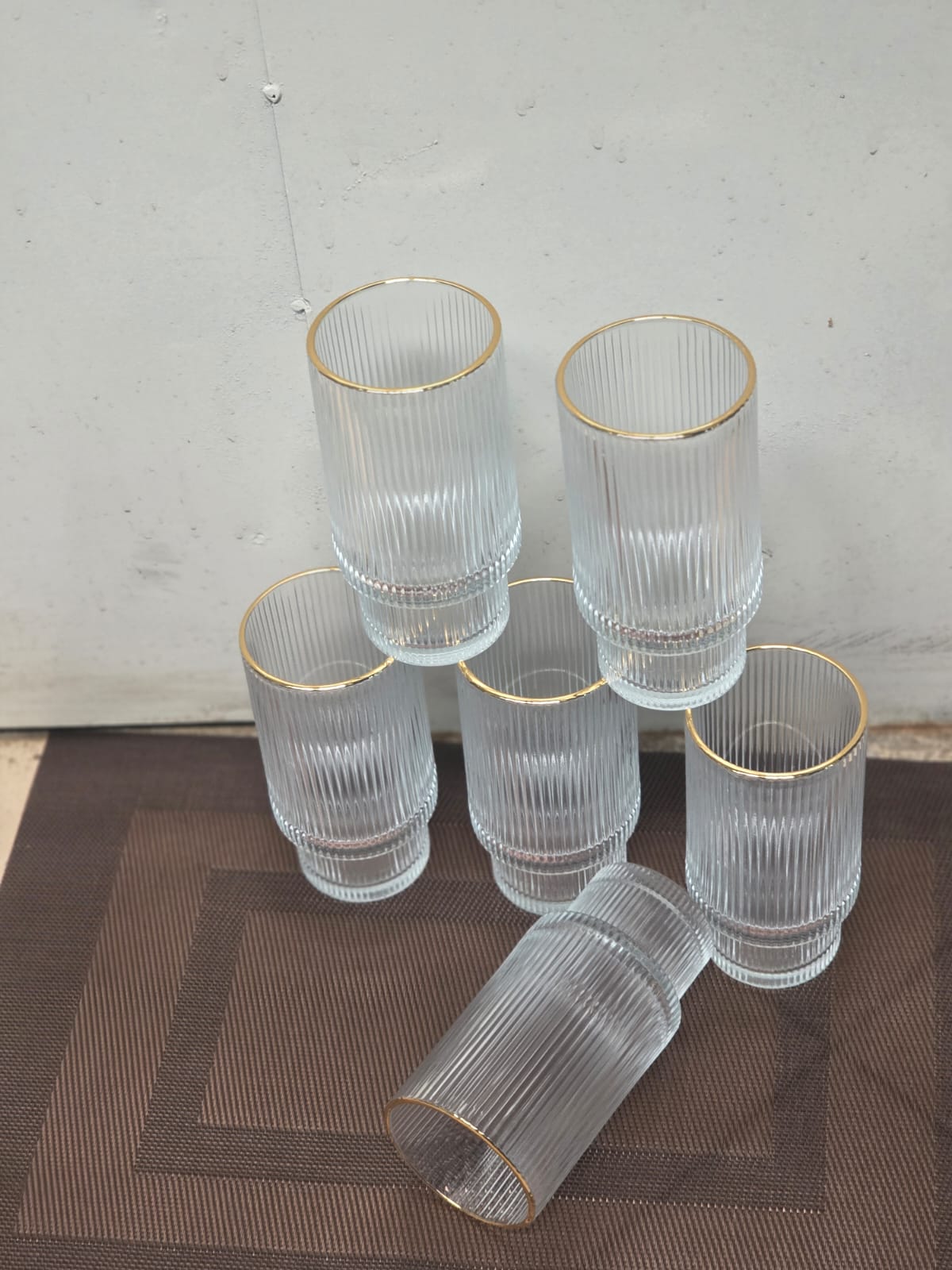 GLASSES. 6 pcs stripped goldline glasses, 6Pc Ribbed glasses with gold rim and decanter
