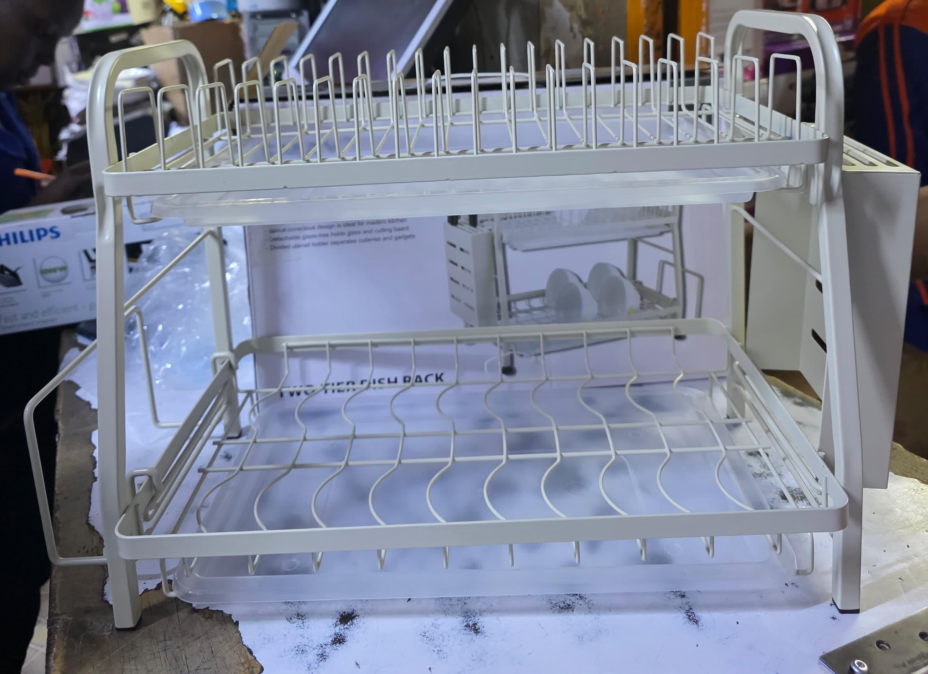 DISH RACK. 2 layer white advanced Dishrack, 2-tier design for maximum storage, Advanced stainless steel with white coating – rust-resistant.