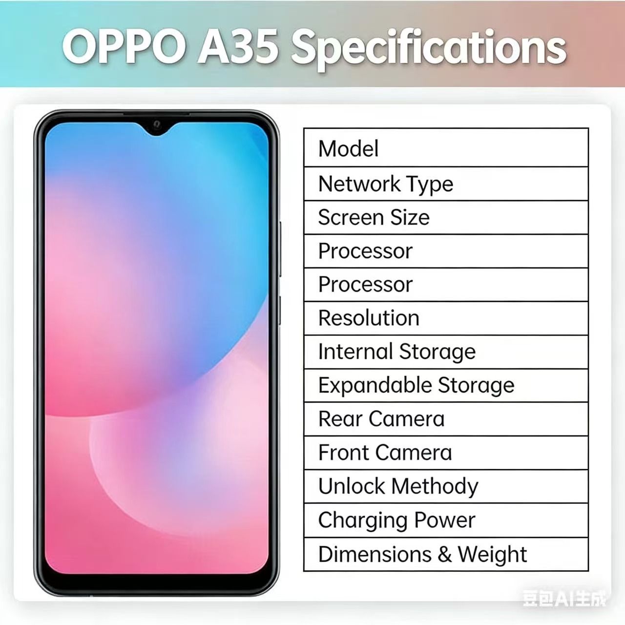 Refurbished OPPO A35 Screen: 6.52-inch LCD display, 1600×720 resolution, 60Hz refresh rate, 269PPI Biometric Identification: Rear fingerprint recognition + Face recognition Battery: 4230mAh typical ca