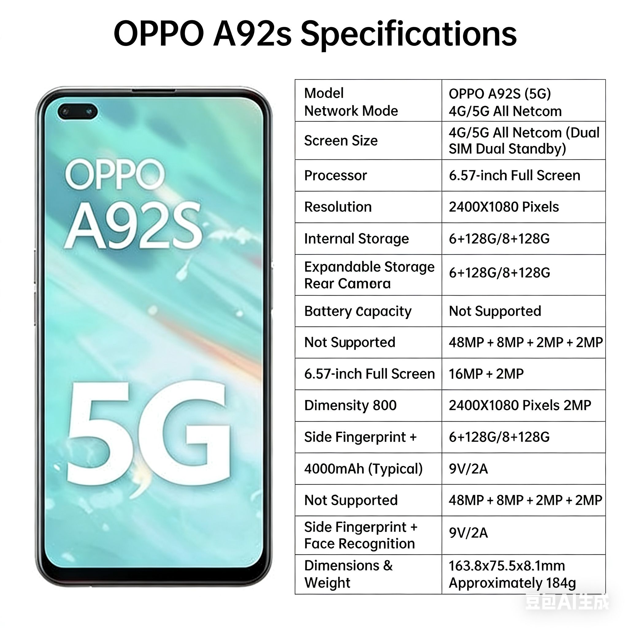 RefurbishedThe OPPO A92S is a 5G smartphone released in 2020, equipped with the MediaTek Dimensity 800 processor. It features a 120Hz high refresh rate display and a four-camera system as its core sel