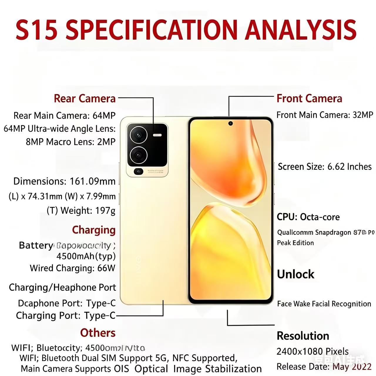 Vivo S15's new rear camera: 64-megapixel main camera + 8-megapixel ultra-wide-angle camera + 2-megapixel macro camera. Front camera: 32-megapixel. Memory: 12GB. Storage: 256GB. Supports facial recogni