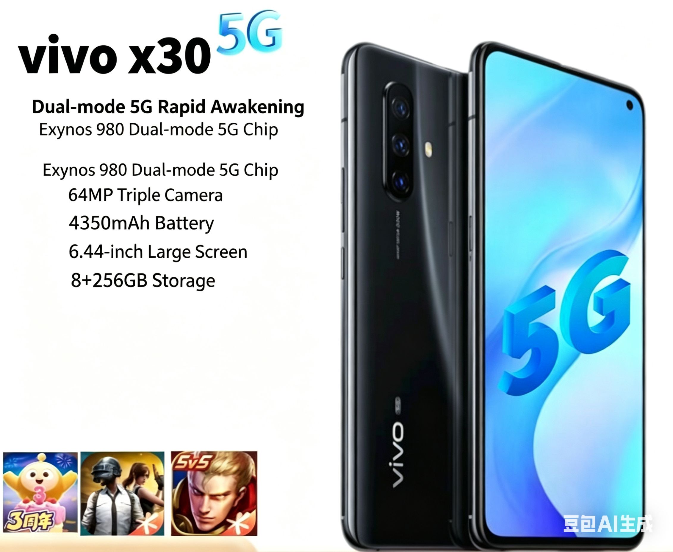 Refurbished vivox30 5G mobile phone Main camera: 64 million pixels + 8 million pixels + 32 million pixels Preceding: 32 million pixels Battery: 4350mAh Unlock: Facial Recognition